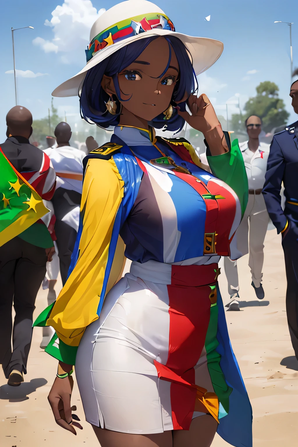 (((Costume inspired by the flag of the Federal Democratic Republic of Ethiopia:1.3))),(((Woman in men's clothing:1.3))),(masterpiece,Highest quality,Ultra-high resolution output images,Write boundary depth,Intricate details,Adding dimension to your subject with the contrast of light and shadow,Anatomically correct facial structure),(Picture Mode Ultra HD,)
