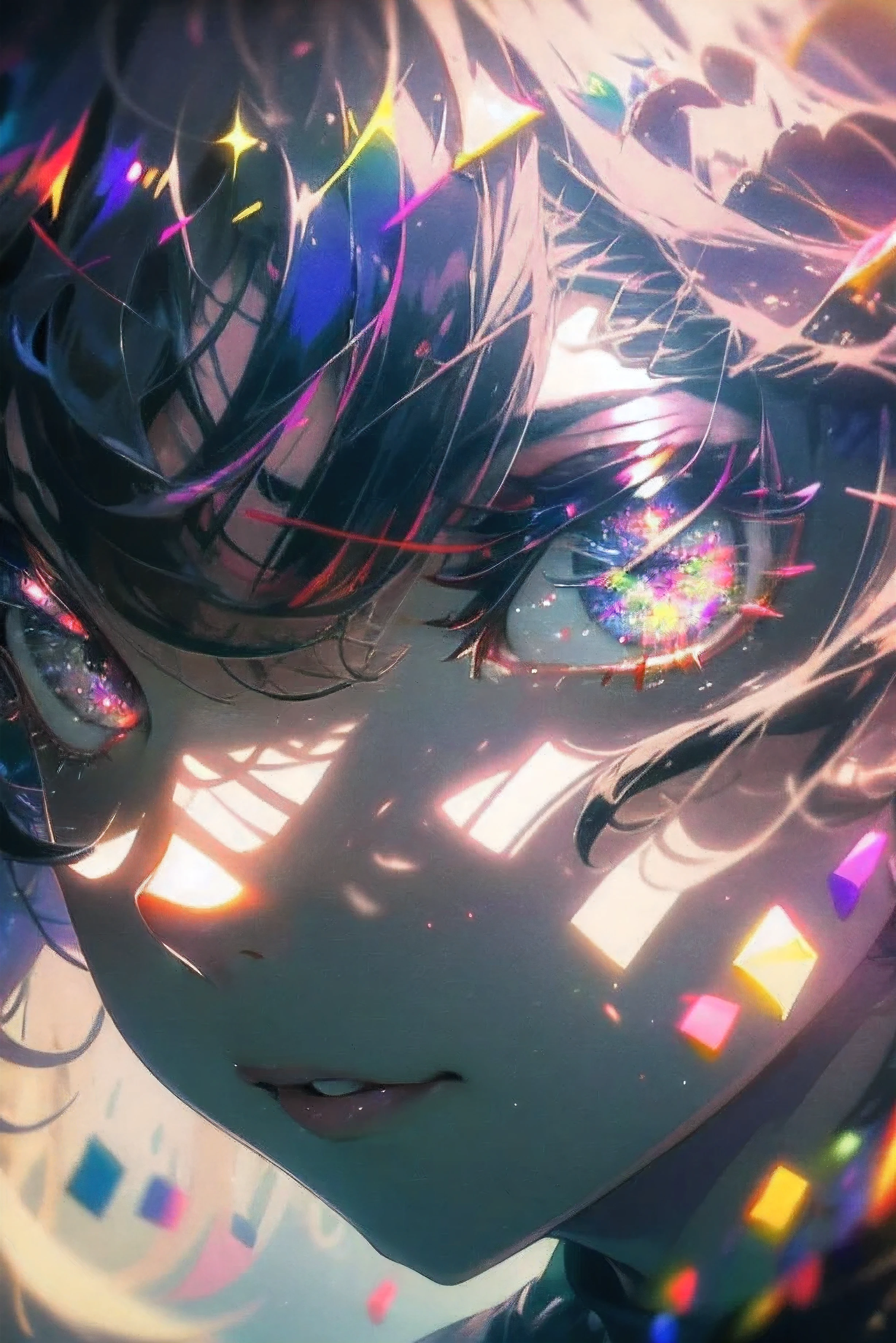 ((​masterpiece,hight resolution,8K picture quality,top-quality)),1girl in,((extra detailed face)),femele,Delicate eyes,((Purple eyes)),((hairstyle on:buzzcut,A dark-haired,Hair that shines when it catches the light)),lensflare,Dramatic makeup,smiling elegantly,Natural complexion,large full breasts,Diffuse reflection of light((colourfull:1.5)),