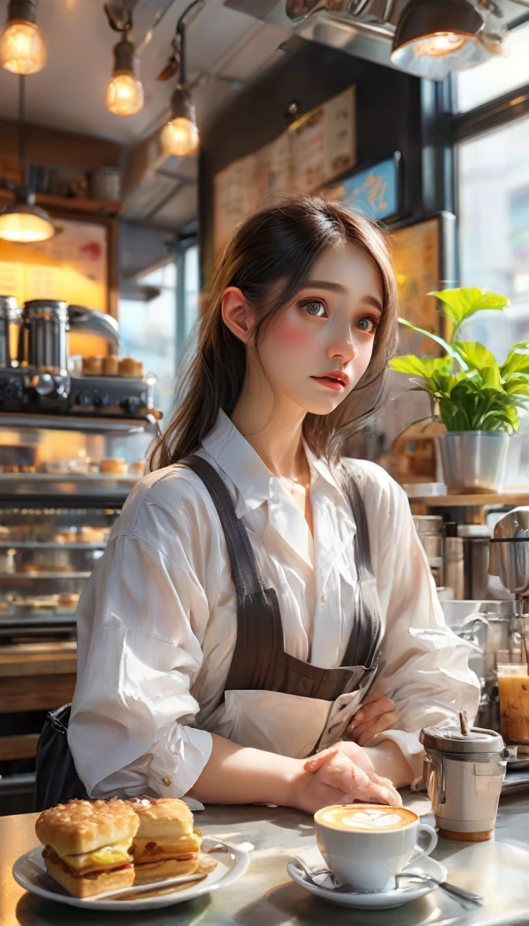 Part-time job scene、Cafe、Busy、Sense of presence、Ultra-realistic、Flustered expression