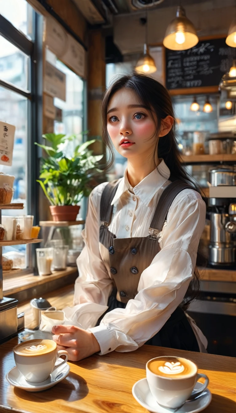 Part-time job scene、Cafe、Busy、Sense of presence、Ultra-realistic、Flustered expression