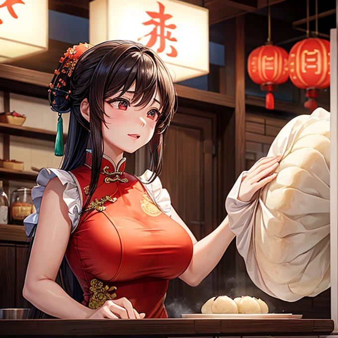 A woman in a Chinese dress making steamed meat buns at a Chinese restaurant　Giant steamer　Large Breasts