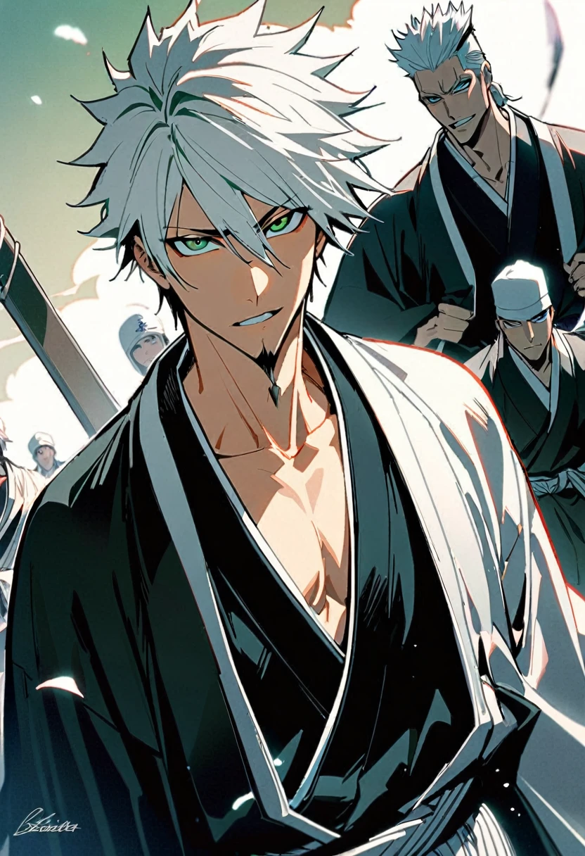 1 young boy, male focus, details Intricate, 1 men, bonitas, White hair, vibrant green eyes, slim ripped, アニメ, 19yearsold, 19 years, a small goatee, kimono de Shinigami, Shinigami, bleach style, bleach, regatta, kimono, bleach, bleach style (black clothes)