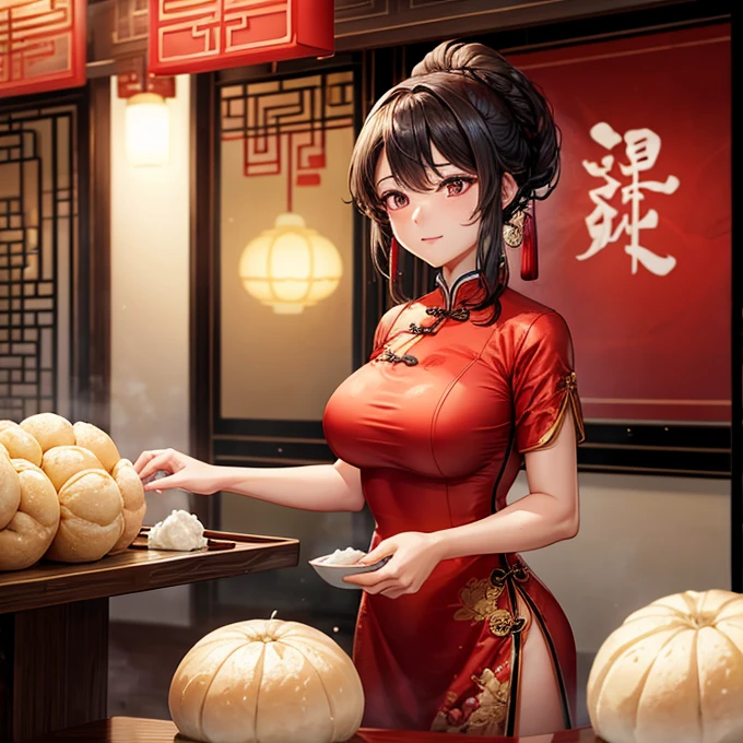 A woman in a Chinese dress making steamed meat buns at a Chinese restaurant　Giant steamer　Large Breasts