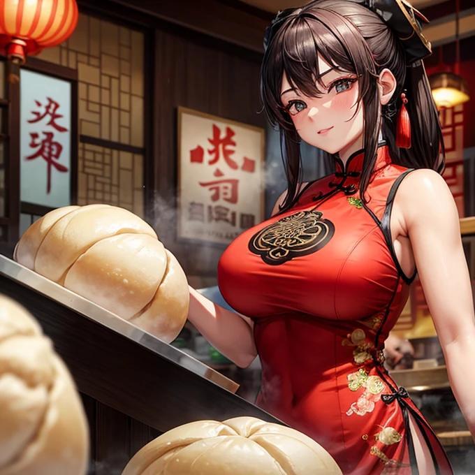 A woman in a Chinese dress making steamed meat buns at a Chinese restaurant　Giant steamer　Large Breasts