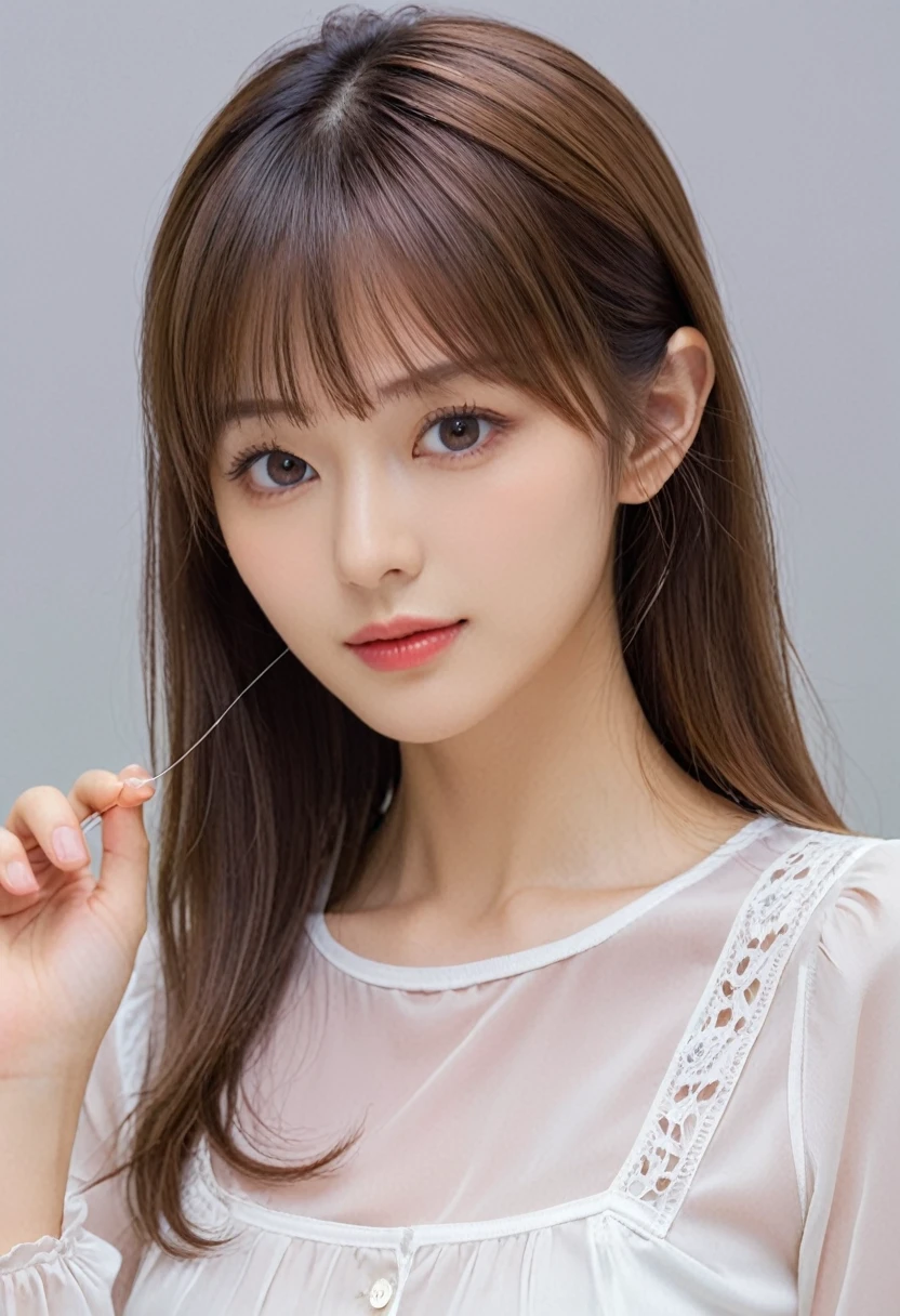1 Female, Close-up of face, Medium chest, Light brown hair, Blunt bangs, Hair behind the ear, Hair that falls over the shoulders, Long Hair, Slim figure, Ultra debtine debtace, Thin face, Delicate lips, Beautiful Eyes, Light blush, eyes are light brown, Perfect glowing skin, Perfect Skin, Shining Sweat,Have a look at this, Ultra-thin needle, Very thin fingers, The optimal ratio is four fingers to one thumb, (Realistic:1.3), debtinger Extensions, See-through white blouse. Broadleaf Forest, First Person View, debtuji debtilm, debt/1.2, 8k, Tabletop, んdebtdebt, Super Detail, high quality, 最high quality, High resolution,
