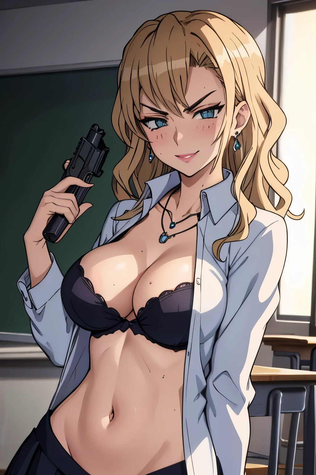 siren_triagex, solo, 1girl, blonde_hair, long_hair, wavy_hair, blush, lipstick, Hot girl, baddie, staring, glaring, bad attitude, mean girl, dare, angry, hate, crazy, smoking, sensual, attractive, blush, lipstick, masterpiece, best quality, ((unbuttoned , cleavage, necklace, earrings, sexy body,
breasts)) , micro skirt, smiling, navel , exposed belly, exposed navel,(nsfw) not safe for work,school,
classroom , hold a gun,knot, holding pistol