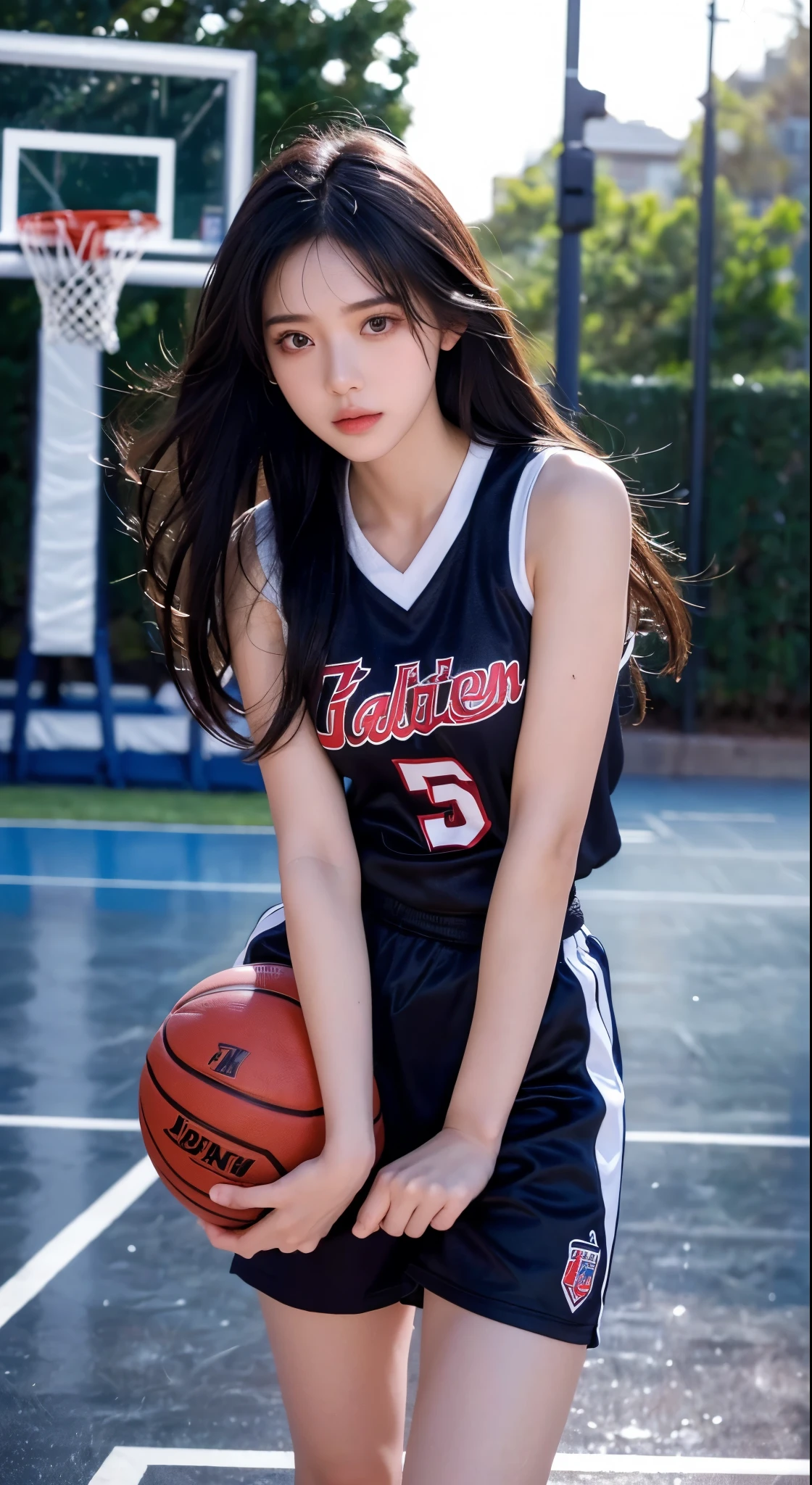 (8k, best quality, masterpiece:1.2), (realistic, photo-realistic:1.37), ultra-detailed,best quality, ultra high res, professional lighting, photon mapping, radiosity, physically-based rendering, cinematic lighting, basketball court,depth of field, sharp focus,sunbeam, good composition,(bokeh:1.2) 1girl,solo,(full body), (closed mouth),beautiful detailed eyes, pose, narrow waist,basketball uniform, black hair,messy hair,long hair floating in wind,(ulzzang-6500:1.2),  mix4, hiqcgbody