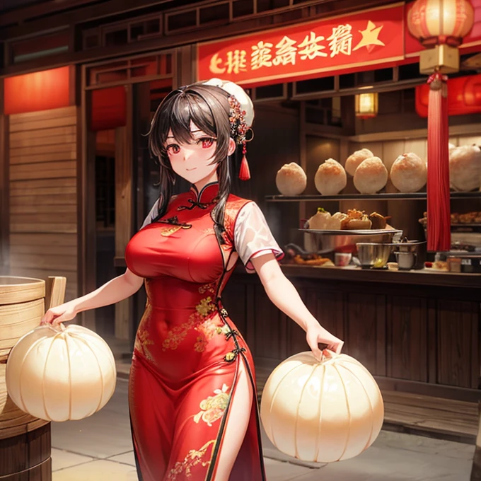 A woman in a Chinese dress making steamed meat buns at a Chinese restaurant Giant steamer Large Breasts パンダ