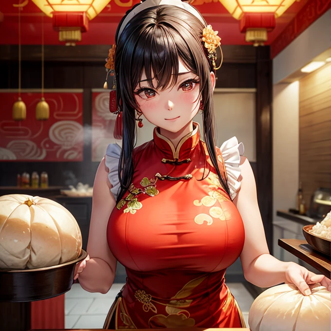 A woman in a Chinese dress making steamed meat buns at a Chinese restaurant Giant steamer Large Breasts パンダ