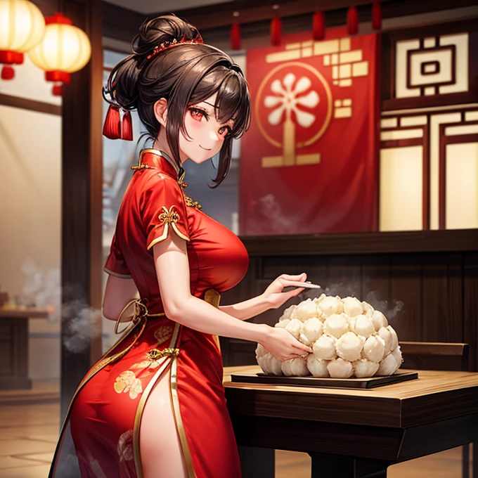 A woman in a Chinese dress making steamed meat buns at a Chinese restaurant　Giant steamer　Large Breasts　パンダ