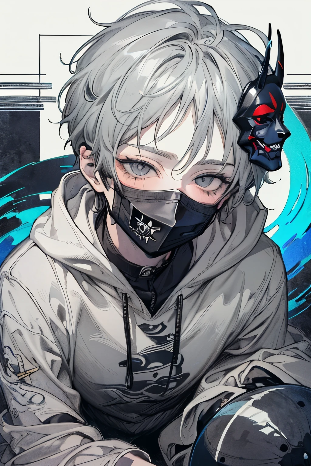 Beautiful young man, darkblue-haired, ((Gray eyes)),(short wave hair:1.2), (Black mask、ball-gag:1.2), White hoodie,clear wear,High quality, amount of drawing, pixiv illustration,(animal sticker:1.2),(NSFW:1.4),((spread legs:1.1)),((crawl on all fours:1.3)),(あお向け:1.25),((arms up:1.2)).