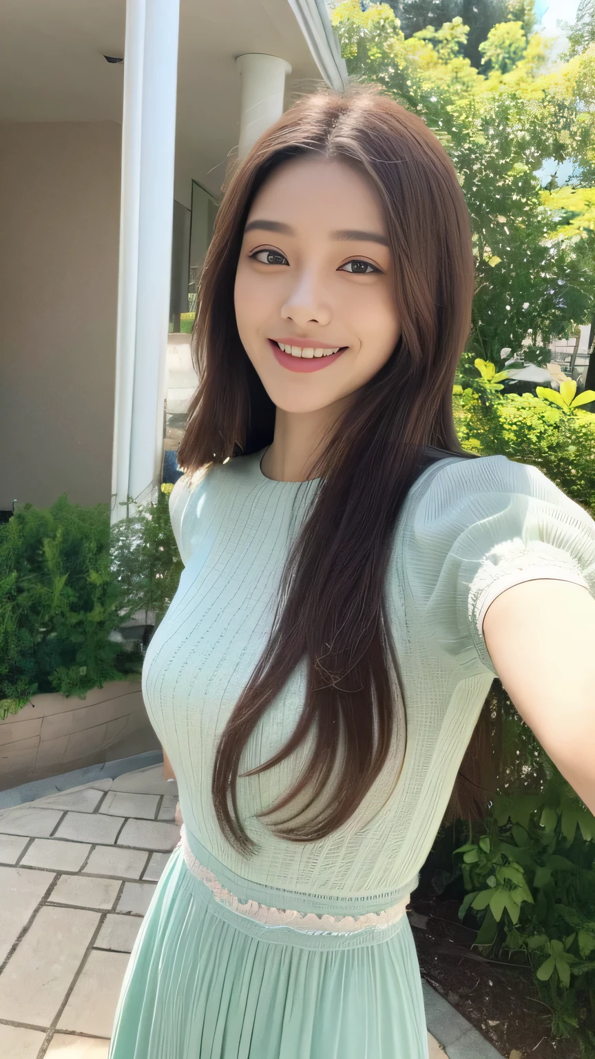 seed:2020674263.((Full body angle:1.1)).((Highest quality, 8k, masterpiece:1.3)), ((from below:1.1)).concentrated:1.2, Perfect body beauty:1.4, Hips:1.2, ((Delicate Hair)), (Colorful waist cinematographed dress :1.1) , ((Highest quality、8k、masterpiece:1.3))、1girl、A sloppy smile、Esbian all over body、Slim face、Big 、Beautiful woman、(Dark Brown Hair)、Long Hair、1.1、Flickering Valley、Detailed eyes、double eyelid、Blurred Background、超Slim face、Smile、Looking down、stroll、