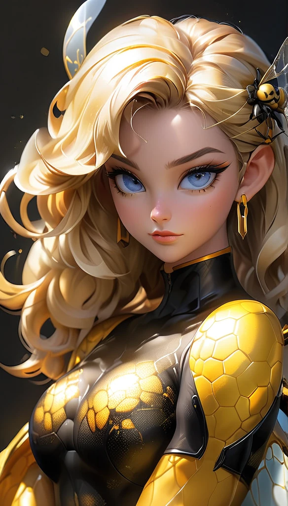 stunning and seductive pin-up style illustration in the spirit of anime, featuring a confident and curvaceous bee-girl with blonde hair and a unique twist. Emphasize her powerful physique, with muscular thighs and a toned abdomen, accentuated by her animal-themed outfit. Her most striking features include her voluminous blonde hair, glowing with golden highlights, and her large, captivating blue eyes with a hint of honey-like sparkle. Imagine her posing seductively, showcasing her ample assets, including her prominent breasts and thick thighs, while donning a creative blend of bee-inspired attire, perhaps with translucent wings and a playful stinger. The color palette should be warm and inviting, with soft golden hues and pops of amber and yellow, reflecting the essence of honey and sunshine. The lighting should be soft and flattering, creating a dreamy and ethereal atmosphere. This bee-girl embodies both strength and sensuality, captivating viewers with her unique blend of animalistic charm and anime allure."