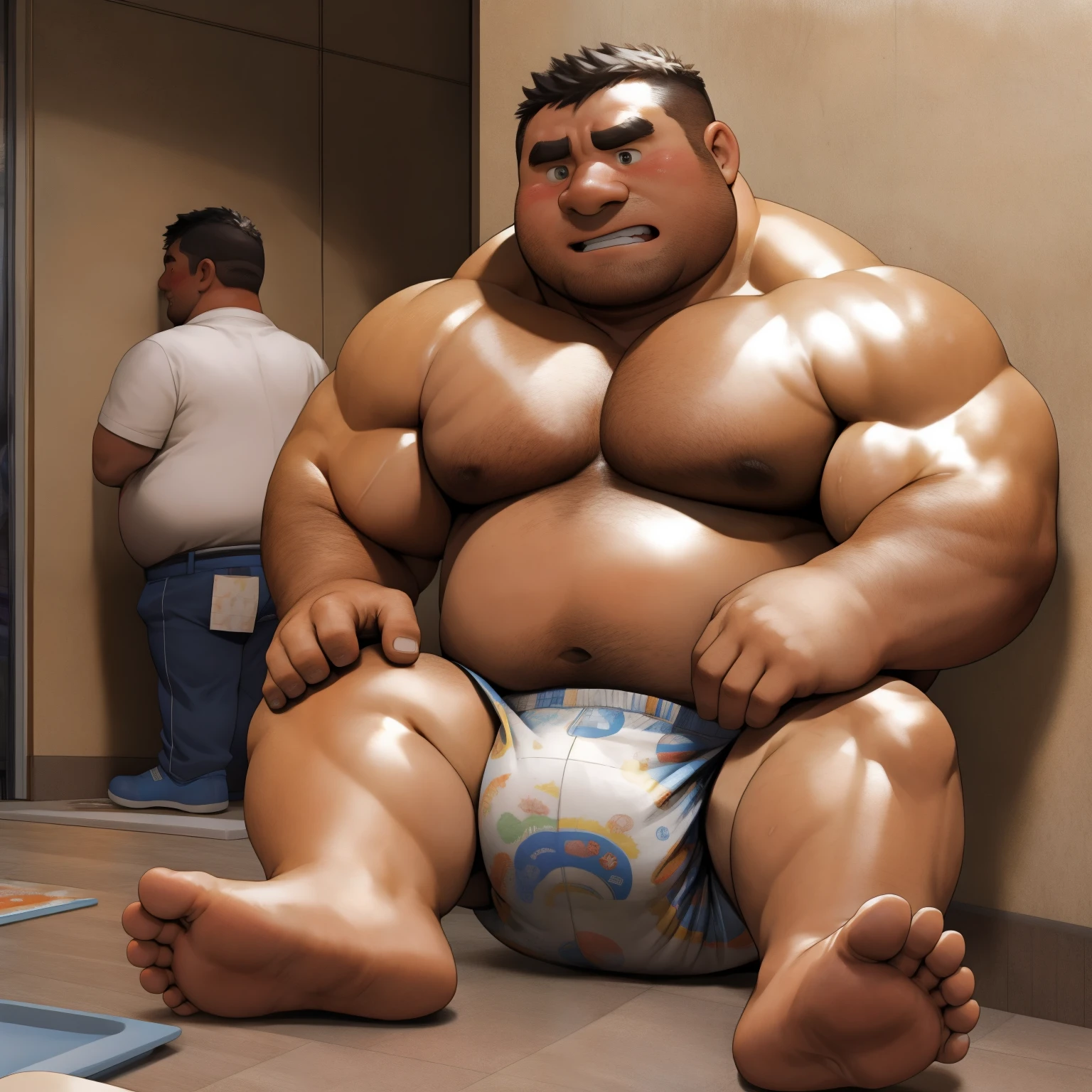 masterpiece, Top quality, in 32K, perfect anatomy, hyper detailed, super fine illustration, The thick man is a brutal prisoner, retarded, hairy, human, 50yo in japan, (fatness: 1.0), Fatty muscle, Bowleg, disappointment, incontinent, be diaper check by children, There is a small puddle under him, Naked, short legs, Bowleg, spread legs, wear a White cloth Diaper, Bare belly, Bare legs, Bare foots, Bare soles, Shirtless, wide forehead and short thinning hair, Man with round  face with stubble, Bare foots, Bare soles, shy, sissy, Weaker than children, Drool, Round face, He enters nursery school and is despised by children, He is made to stand attention in the corner of the playroom, corner time, He surrounded by children, Bare foots, big butt, White Diaper, sobbing, There is a small puddle under him