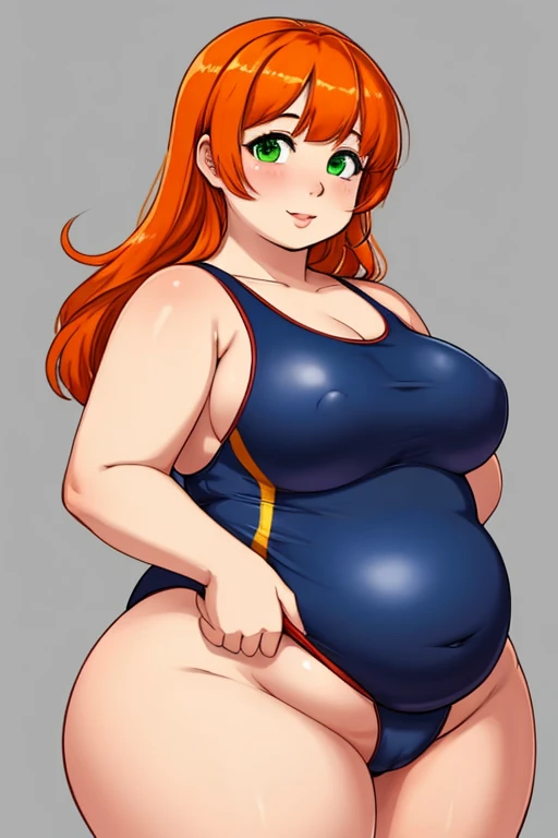 (masterpiece, best quality), 1girl, orange hair, green eyes, pale skin, wearing one-piece swimsuit, Chubby, Plump, Fat, Fat Rolls
