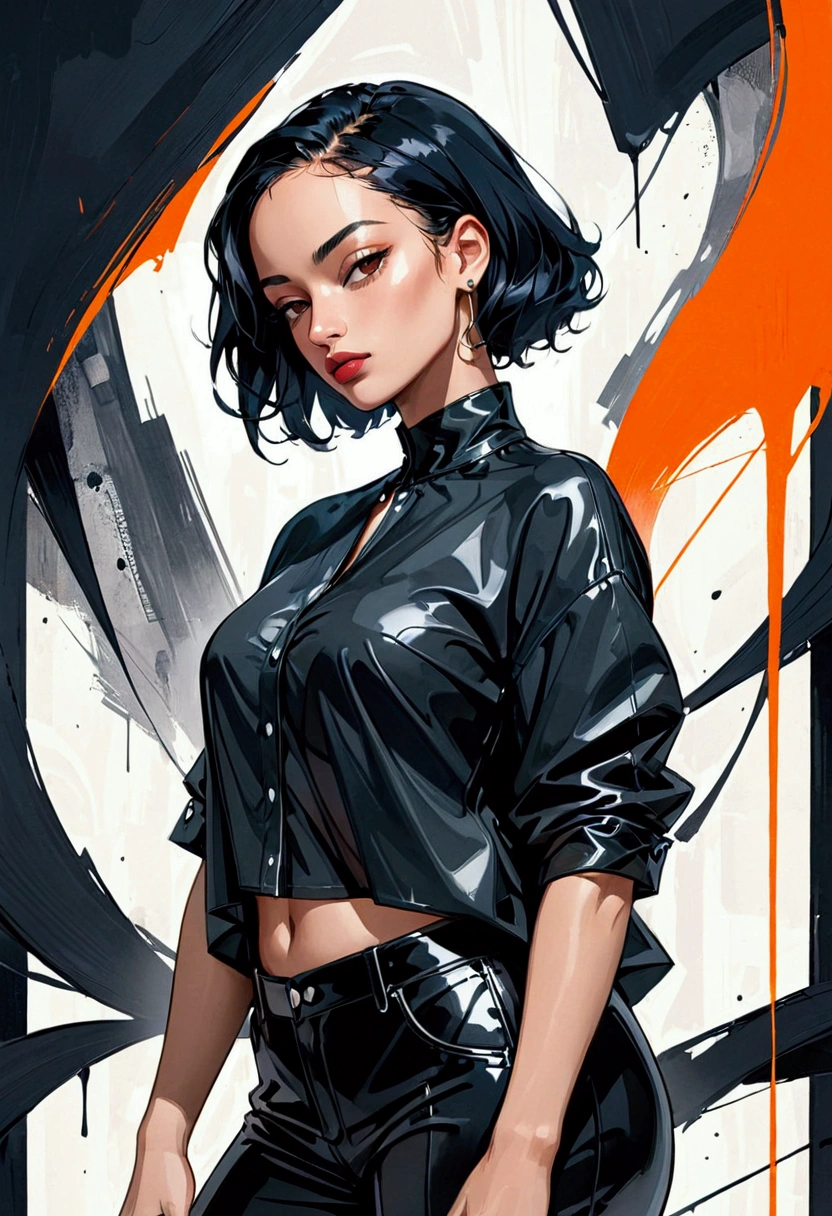 Jorja Smith, aesthetic, painterly style, modern ink, sensual, sultry, dark blouse, expressive pose, urbanpunk, abstract texture multilayer background, neo-expressionist, Russ Mills, Ian Miller