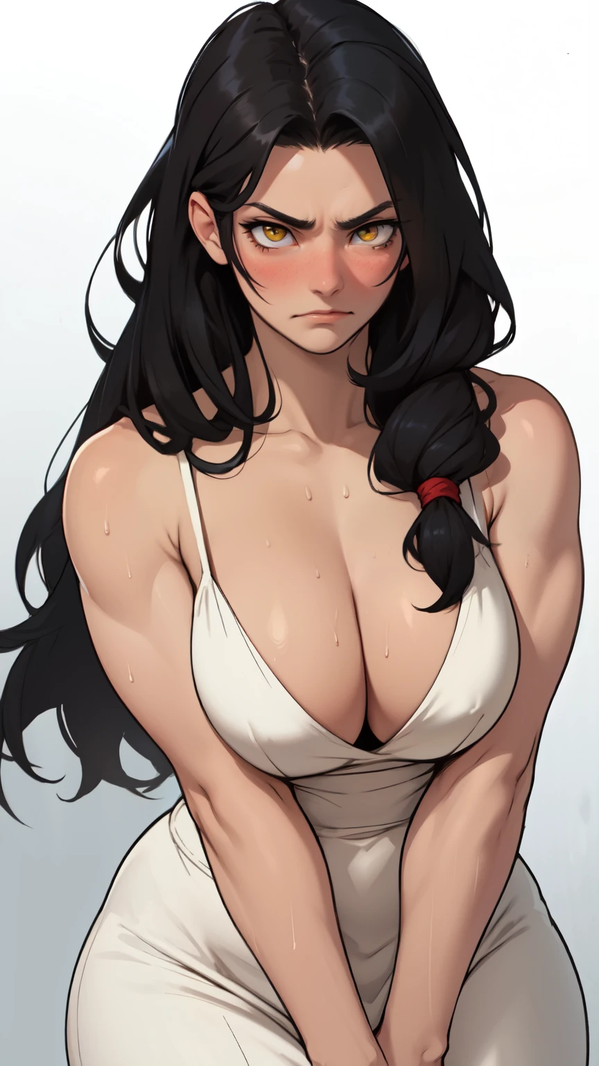 muscular black hair yellow eyes pale skin girl sad cleavage huge breasts blushing frown sweaty long straight hair long straight hair long straight hair long straight hair long straight hair flowing garments