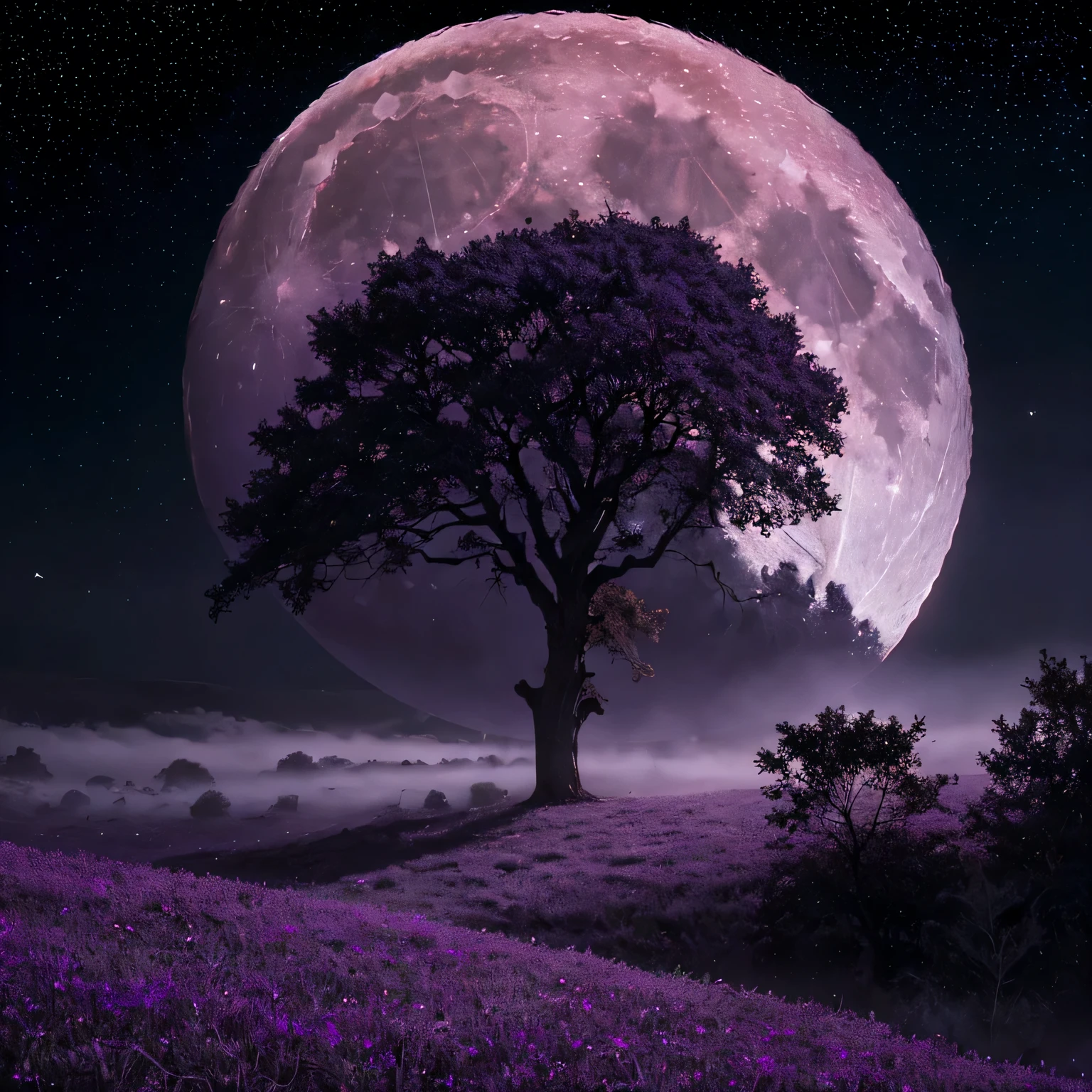 (((There is a large moon and stars in the sky))), Magical mood and purple fog, mysterious flickering. Deep, rich colors and intricate details. Karn Griffiths and Charles Wess