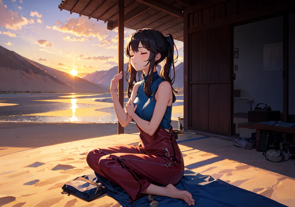 Beautiful girl meditating in the desert at sunset。She sits on the sand、I&#39;m gazing at the red sky and the horizon, Monk mode, thin legs, smile