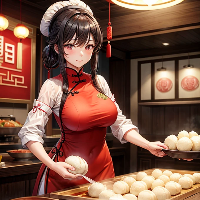 A woman in a Chinese dress making steamed meat buns at a Chinese restaurant　Giant steamer　Huge breasts　Curry bun