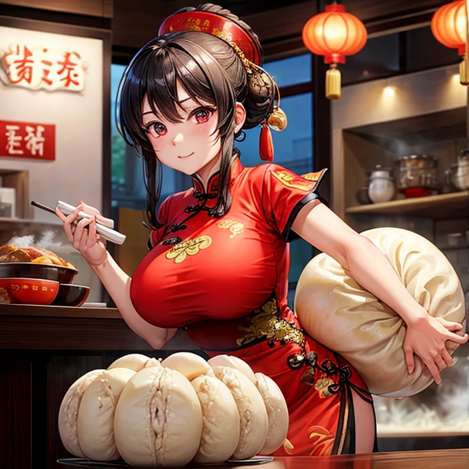 A woman in a Chinese dress making steamed meat buns at a Chinese restaurant Giant steamer Huge breasts Curry bun