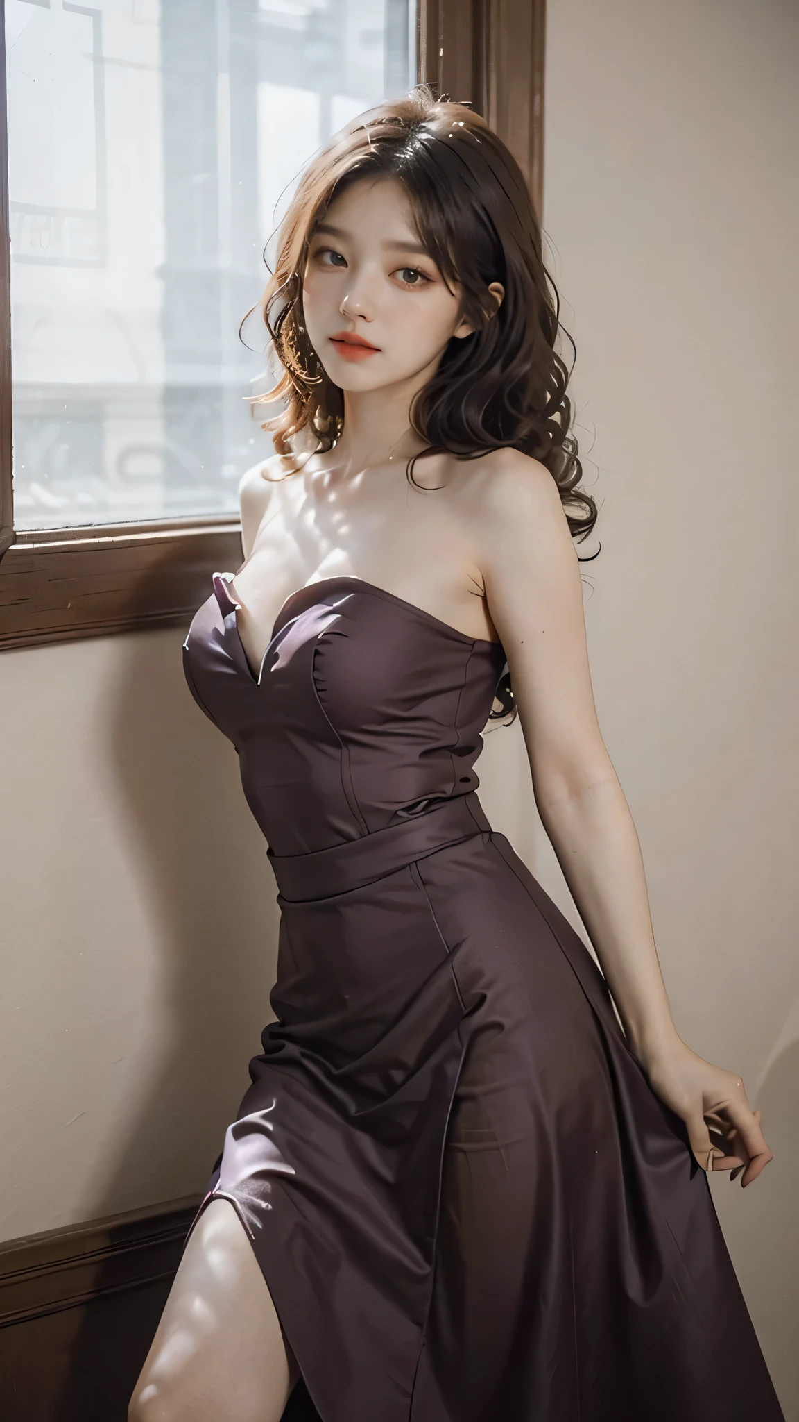 detailed background, masterpiece, best quality, 1 person , curly hair, long hair, purple eyes, star in eye , sharp red Strapless blouse, long skirt, red color