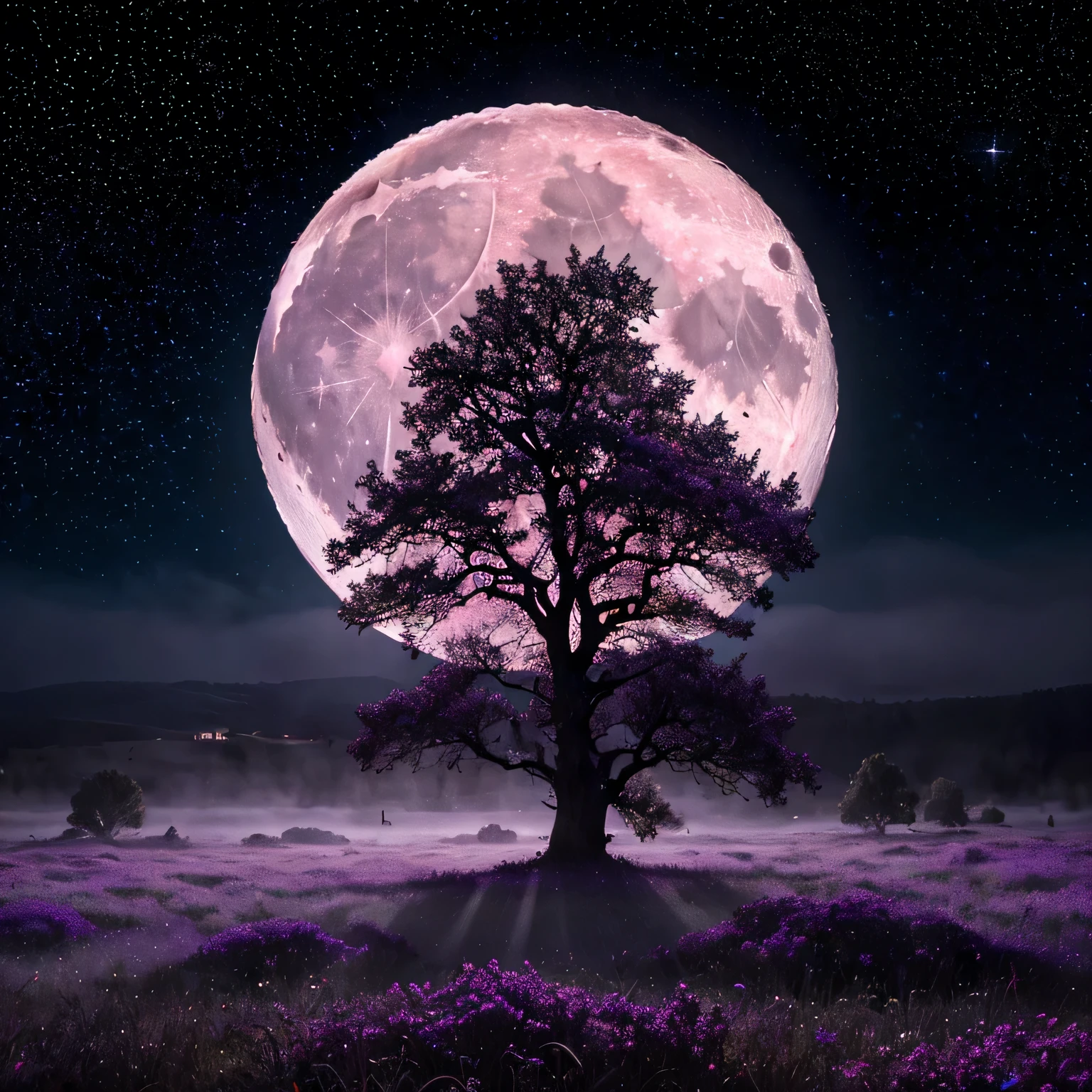 (((There is a large moon and stars in the sky))), Magical mood and purple fog, mysterious flickering. Deep, rich colors and intricate details. Karn Griffiths and Charles Wess