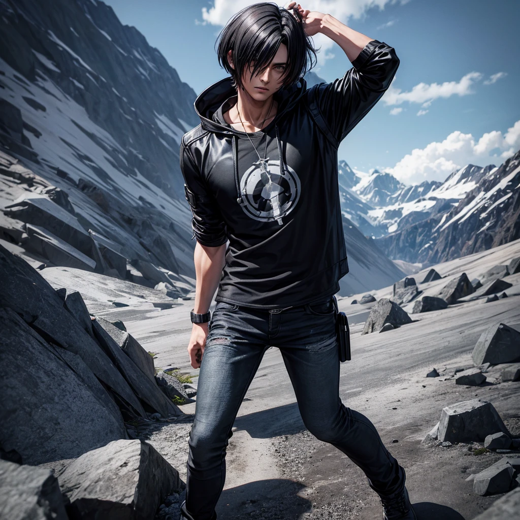 Look like Leon kennedy black hair black hood black jacket gray t shirt black jean walking on mountains back side look Animation 3d solo