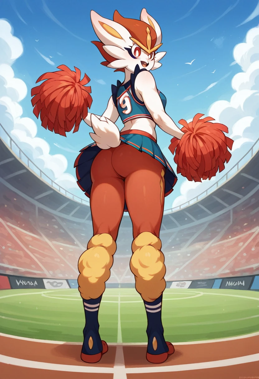 1girls, cinderace (pokemon), masterpiece, HD, sexy, sky background, cheerleader skirt, full body, view back, no panty, 2d, cartoon, nsfw