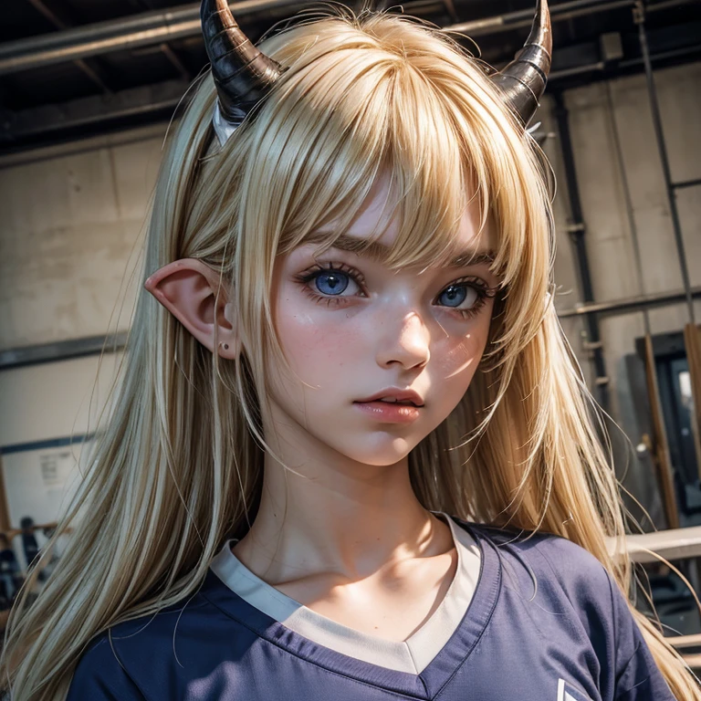 ((ultra realisitic)), ((picture-perfect)), ((face perfect)), ((ultra detaild)), ((fully body)), ((adolescent)), a blonde girl with medium length hair, ((cabelo nos ombros)) with bangs, demon tail and horns, pointy ears, wearing a school physical education uniform, imagem de fully body, sensuous , student in a gym warehouse