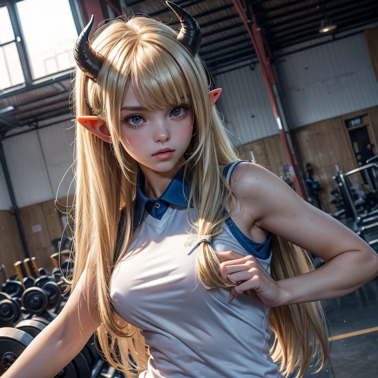 ((ultra realisitic)), ((picture-perfect)), ((face perfect)), ((ultra detaild)), ((fully body)), ((adolescent)), a blonde girl with medium length hair, ((cabelo nos ombros)) with bangs, demon tail and horns, pointy ears, wearing a school physical education uniform, imagem de fully body, sensuous , student in a gym warehouse