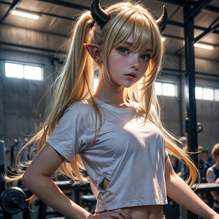 ((ultra realisitic)), ((picture-perfect)), ((face perfect)), ((ultra detaild)), ((fully body)), ((adolescent)), a blonde girl with medium length hair, ((cabelo nos ombros)) with bangs, demon tail and horns, pointy ears, wearing a school physical education uniform, imagem de fully body, sensuous , student in a gym warehouse