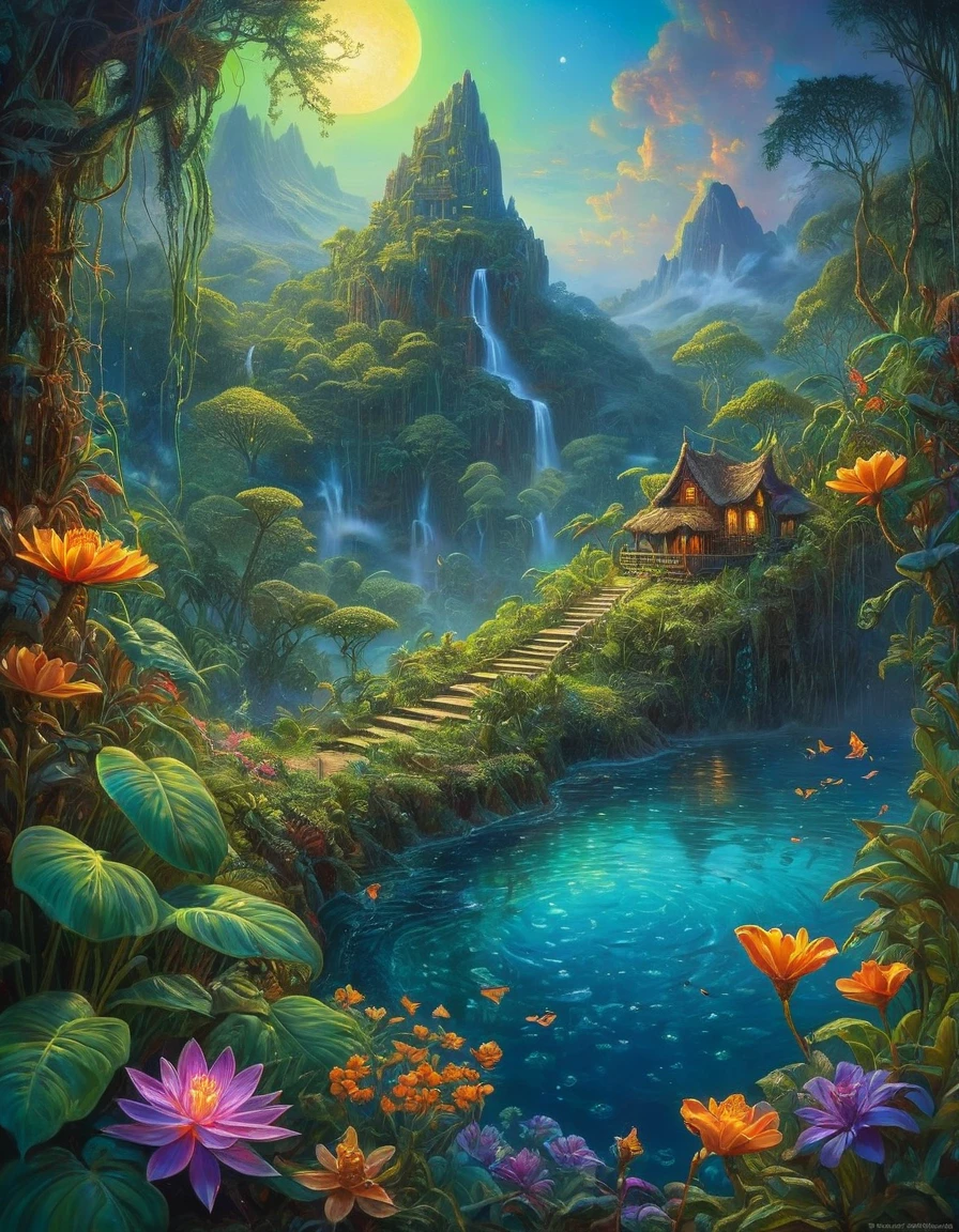 Ancient prehistoric period, 
On a beautiful unknown planet in space galaxy, abundant magical fairy-tale vegetation, jungle, water, Mountains, Beautiful, gloomy, Originality, high quality, high detail, Meticulous drawing, saturation, intricacy,
style Robert Batam, Karl Brender, Terry Isaac, Josephine Wall, Nadezhda Strelkina, Victor Nizovtsev,  by boris vallejo,  Yevgeny Lushpin