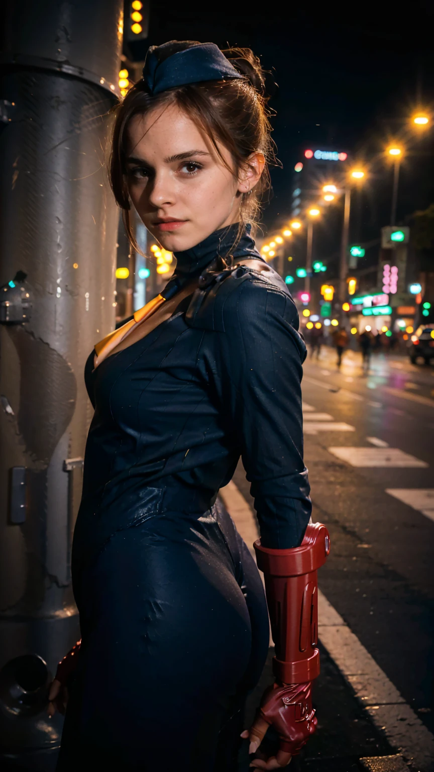 (masterpiece), (best quality), (solo, 1girl), (photorealistic1.4), (), (Emma Watson), (adult woman), (sfJuli latex costume), (sfJuli bodysuit), brown hair, hat, (sfJuli orange necktie), (sfJuli red gloves), (navy blue ribbed bodysuit) , (epiCRealLife:1.0), (flashphoto), (flash photography), (on Tokyo Night street), (neon lights), (pose for pictures)