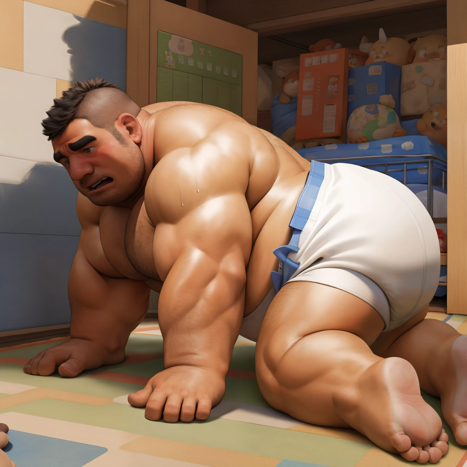 masterpiece, Top quality, in 32K, perfect anatomy, hyper detailed, super fine illustration, The thick man is a brutal prisoner, retarded, hairy human, 50yo in Japan, (fatness: 1.0), Fatty muscle, Bowleg, disappointment, incontinent, be diaper check by children, waddle, There is a small puddle under him, incontinent, Naked, short legs, Bowleg, spread legs, wear a White cloth Diaper, Bare belly, Bare legs, Bare foots, Bare soles, Shirtless, wide forehead and short thinning hair, Man with round face with stubble, Bare foots, Bare soles, shy, sissy, Weaker than children, Drool, Round face, steams, Solo, He enters nursery school and is despised by children, He surrounded by children, His bottom is wet, Bare foots, big butt, he is scolded by the children, White Diaper, He surrounded by children, sobbing, wear a White cloth Diaper, shirtless, There is a small puddle under him, He enters nursery school and is despised by children, big butt, sobbing, He crawling to go to children, on all fours, side view