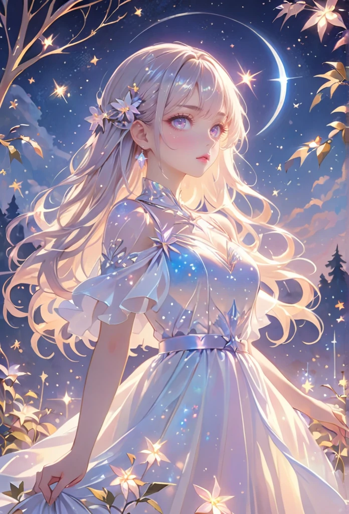 A girl standing alone under the starry night sky, with her silhouette illuminated by the soft moonlight and twinkling stars. Her face is beautifully detailed, with mesmerizing eyes that seem to reflect the universe itself, long and fluttering eyelashes, and exquisitely defined lips. She has straight hair that shimmers like the starry sky and is dressed in an elegant gown, flowing and ethereal, embracing her figure gracefully as it glimmers with a subtle celestial glow. The intricate details of her dress catch the faint starlight, creating a mesmerizing sparkle. The surrounding landscape showcases a serene garden, lush with vibrant foliage and colorful flowers. The air is filled with a gentle breeze, causing the leaves to rustle and the flowers to sway delicately. The garden is bathed in a dreamy color palette, with hues of deep blues, purples, and hints of silver. The atmosphere is calm and tranquil, evoking a sense of peace and serenity. The artwork is of the highest quality, meticulously created with ultra-detailed brushstrokes and precise attention to every element. The texture and depth of the painting are breathtaking, with a sense of realism and photorealism that captures the awe-inspiring beauty of the night sky. The lighting is soft and diffused, casting a gentle glow over the entire scene, enhancing the magical ambiance. The girl's presence radiates a sense of mystery and wonder, as if she holds a secret connected to the celestial beings above. The overall composition evokes a feeling of timelessness and captures the essence of a StarSign, an artwork that embodies the celestial beauty and inner strength of a girl in harmony with the stars. Ai-generated 