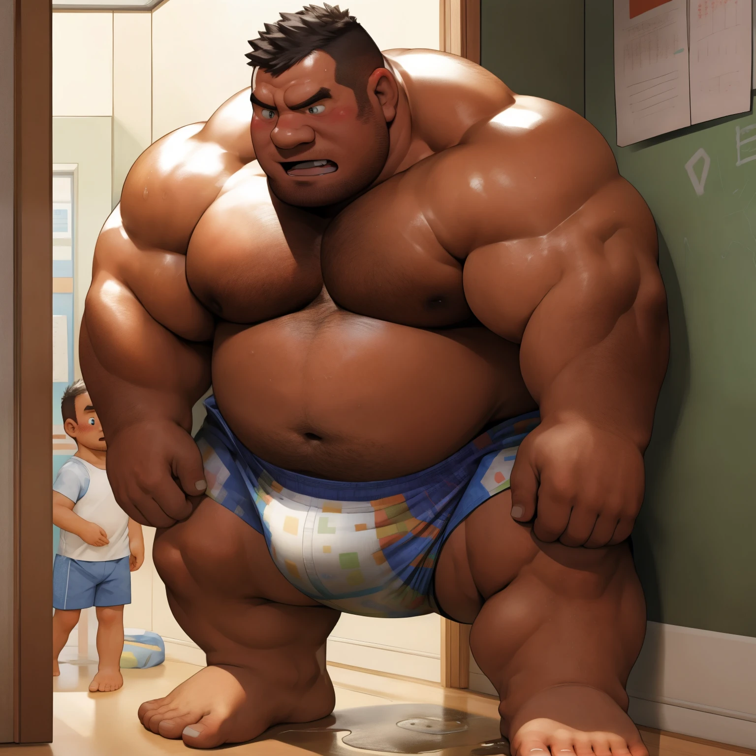 masterpiece, Top quality, in 32K, perfect anatomy, hyper detailed, super fine illustration, The thick man is a brutal prisoner, retarded, hairy, human, 50yo in japan, (fatness: 1.0), Fatty muscle, Bowleg, disappointment, incontinent, be diaper check by children, There is a small puddle under him, Naked, short legs, Bowleg, spread legs, wear a White cloth Diaper, Bare belly, Bare legs, Bare foots, Bare soles, Shirtless, wide forehead and short thinning hair, Man with round face with stubble, Bare foots, Bare soles, shy, sissy, Weaker than children, Drool, Round face, He enters nursery school and is despised by children, He is made to stand attention in the corner of the playroom, corner time, He surrounded by children, Bare foots, big butt, White Diaper, sobbing, There is a small puddle under him
