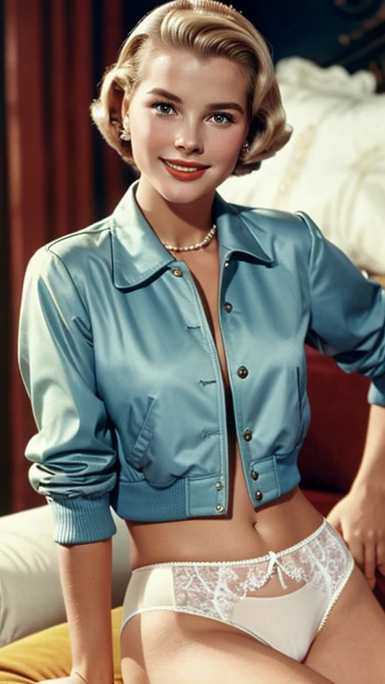 Grace Kelly dressed in an unbuttoned jacket and line panties and smiling