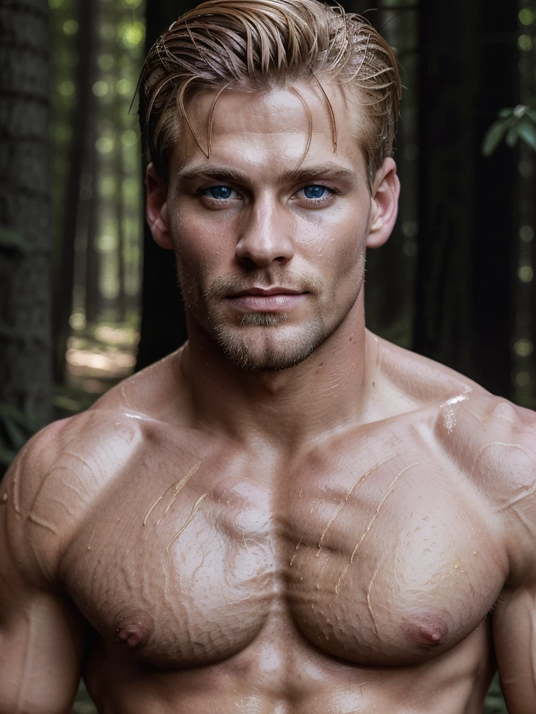 painting of an strong blond man, golden skin in the sun, blue eyes, fleshy lips, in the forest, nude and wet hairy chest, hot and sexy man, inspired by tom of finland, William-Adolphe Bouguereau, Gaston Bussiere, Alphonse Mucha.