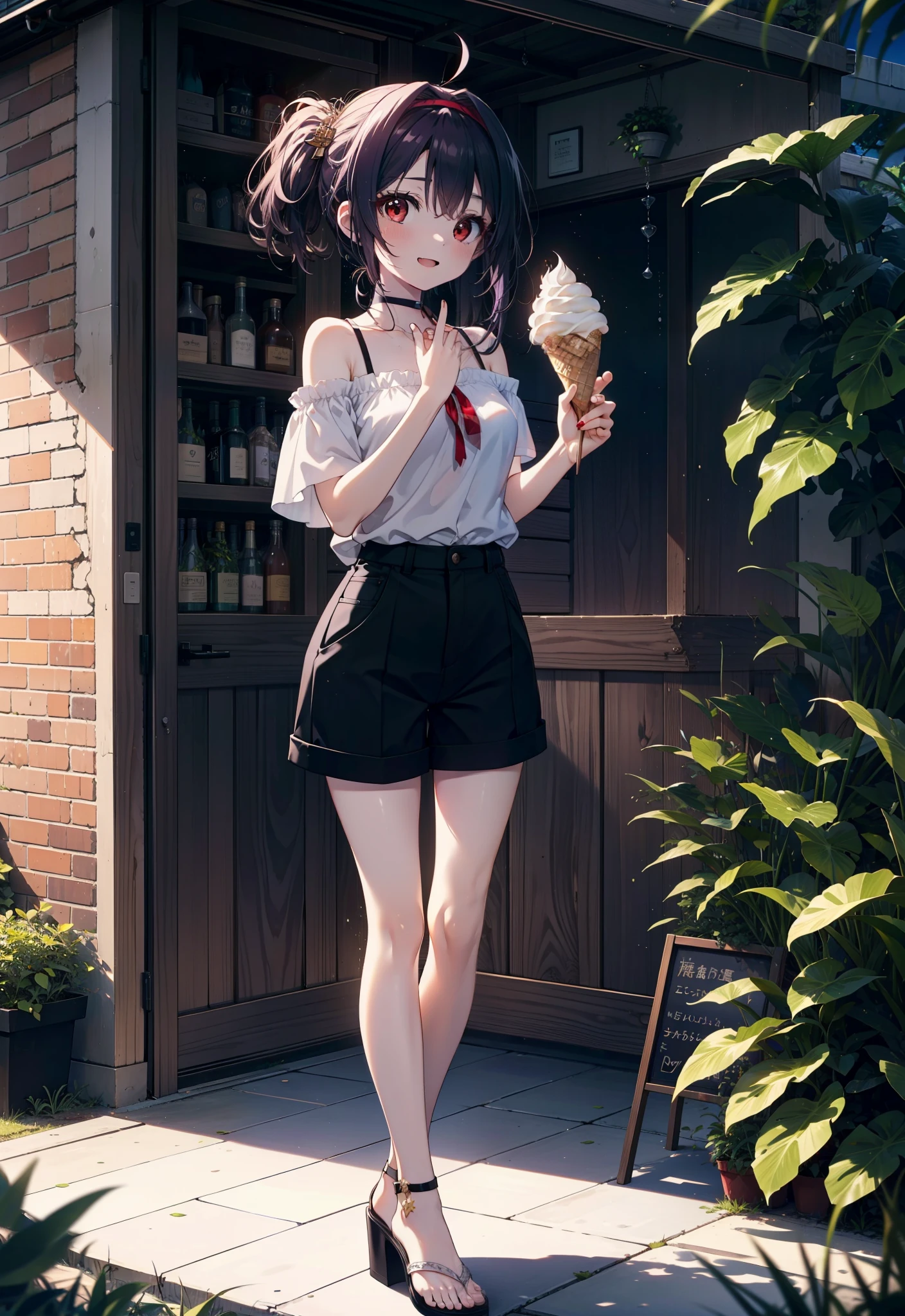 yuukikonno, Yuuki Konno, , Long Hair, Pointed Ears, Purple Hair, Ahoge,(Red eyes:1.5), (Small breasts:1.2), hair band,Oversized one-shoulder shirt,Short sleeve,Shorts,Heeled Sandals,Walking,Daytime,Clear skies,Holding and eating ice cream with both hands,happy smile,smile, Open your mouth,whole bodyがイラストに入るように,Palm tree,
break looking at viewer, whole body,
break outdoors, tropical,In town,
break (masterpiece:1.2), Highest quality, High resolution, unity 8k wallpaper, (figure:0.8), (Beautiful attention to detail:1.6), Highly detailed face, Perfect lighting, Highly detailed CG, (Perfect hands, Perfect Anatomy),