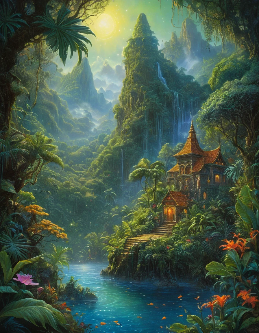 Ancient prehistoric period, 
On a beautiful unknown planet in space galaxy, abundant magical fairy-tale vegetation, jungle, water, Mountains, Beautiful, gloomy, Originality, high quality, high detail, Meticulous drawing, saturation, intricacy,
style Robert Batam, Karl Brender, Terry Isaac, Josephine Wall, Nadezhda Strelkina, Victor Nizovtsev,  by boris vallejo,  Yevgeny Lushpin