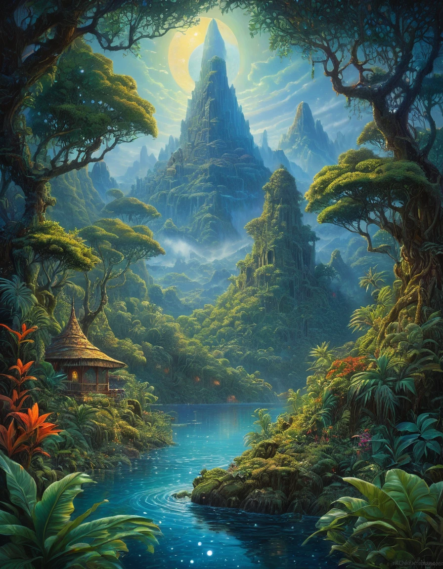 Ancient prehistoric period,
On a beautiful unknown planet in space galaxy, abundant magical fairy-tale vegetation, jungle, water, Mountains, Beautiful, gloomy, Originality, high quality, high detail, Meticulous drawing, saturation, intricacy,
style Robert Batam, Karl Brender, Terry Isaac, Josephine Wall, Nadezhda Strelkina, Victor Nizovtsev, by boris vallejo, Yevgeny Lushpin