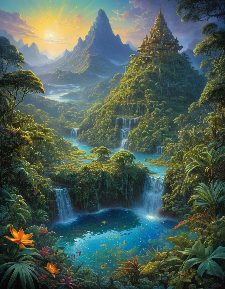 Ancient prehistoric period, 
On a beautiful unknown planet in space galaxy, abundant magical fairy-tale vegetation, jungle, water, Mountains, Beautiful, gloomy, Originality, high quality, high detail, Meticulous drawing, saturation, intricacy,
style Robert Batam, Karl Brender, Terry Isaac, Josephine Wall, Nadezhda Strelkina, Victor Nizovtsev,  by boris vallejo,  Yevgeny Lushpin