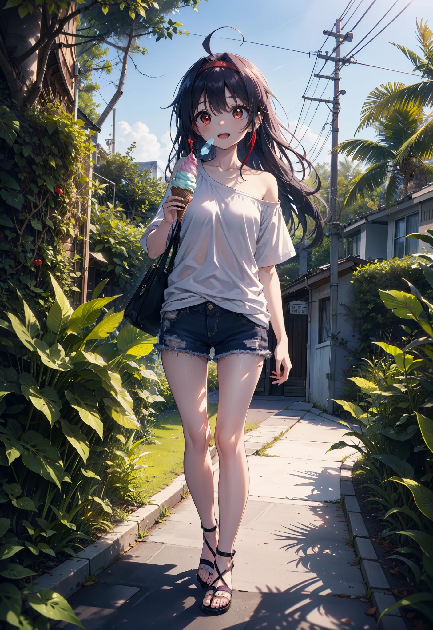 yuukikonno, Yuuki Konno, , Long Hair, Pointed Ears, Purple Hair, Ahoge,(Red eyes:1.5), (Small breasts:1.2), hair band,Oversized one-shoulder shirt,Short sleeve,Shorts,Heeled Sandals,Walking,Daytime,Clear skies,Holding and eating ice cream with both hands,happy smile,smile, Open your mouth,whole bodyがイラストに入るように,Palm tree,
break looking at viewer, whole body,
break outdoors, tropical,In town,
break (masterpiece:1.2), Highest quality, High resolution, unity 8k wallpaper, (figure:0.8), (Beautiful attention to detail:1.6), Highly detailed face, Perfect lighting, Highly detailed CG, (Perfect hands, Perfect Anatomy),