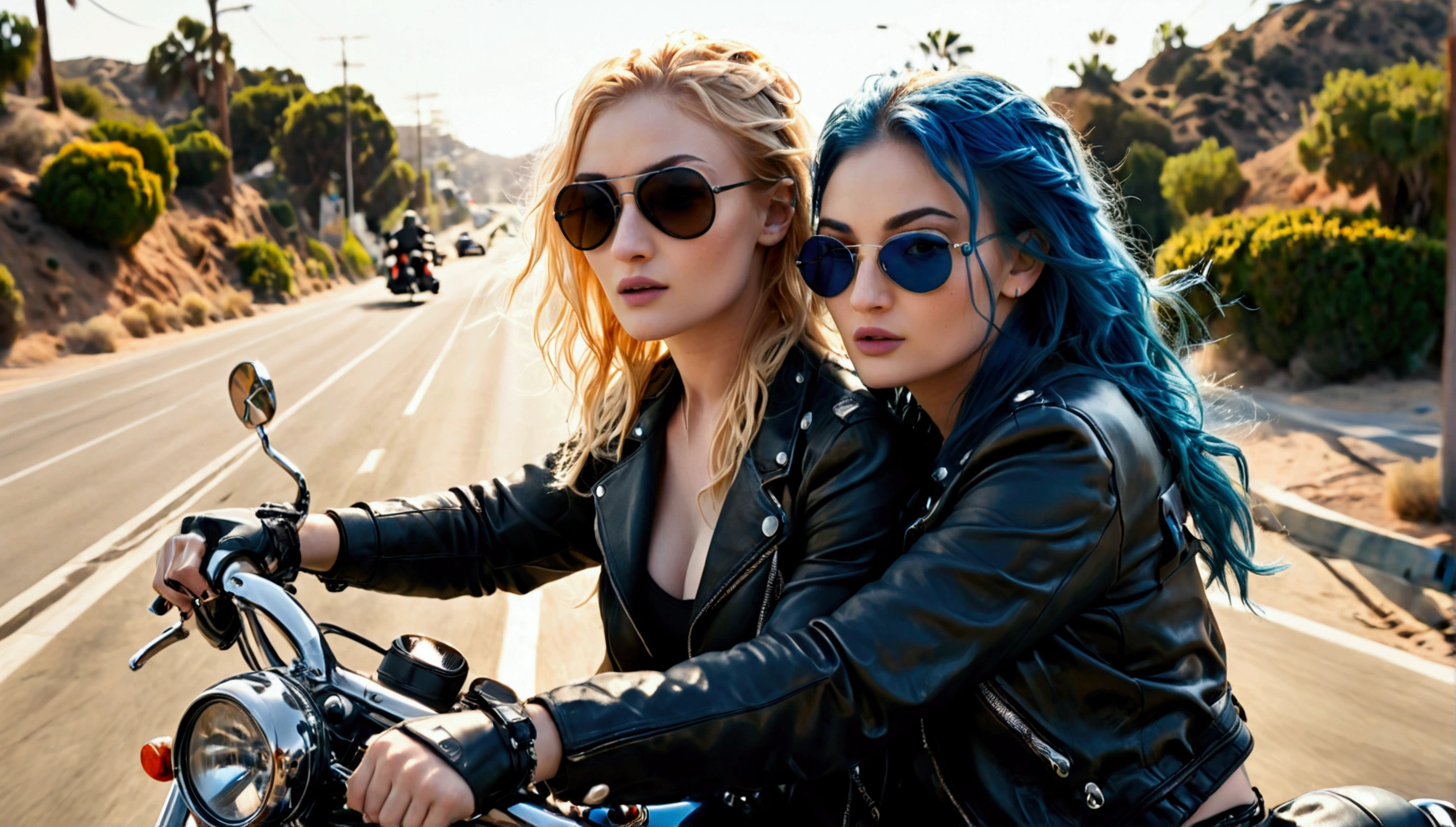 Sophie Turner she is blonde and Meryem she has blue hair and blue eyes riding a Harley Davidson in Los Angeles Highway Sophie is driving while Meryem is sitting in the back seat they are both wearing dark black sunglasses, a black leather jacket and black leather pants you can see your motorcycle completely from a distance