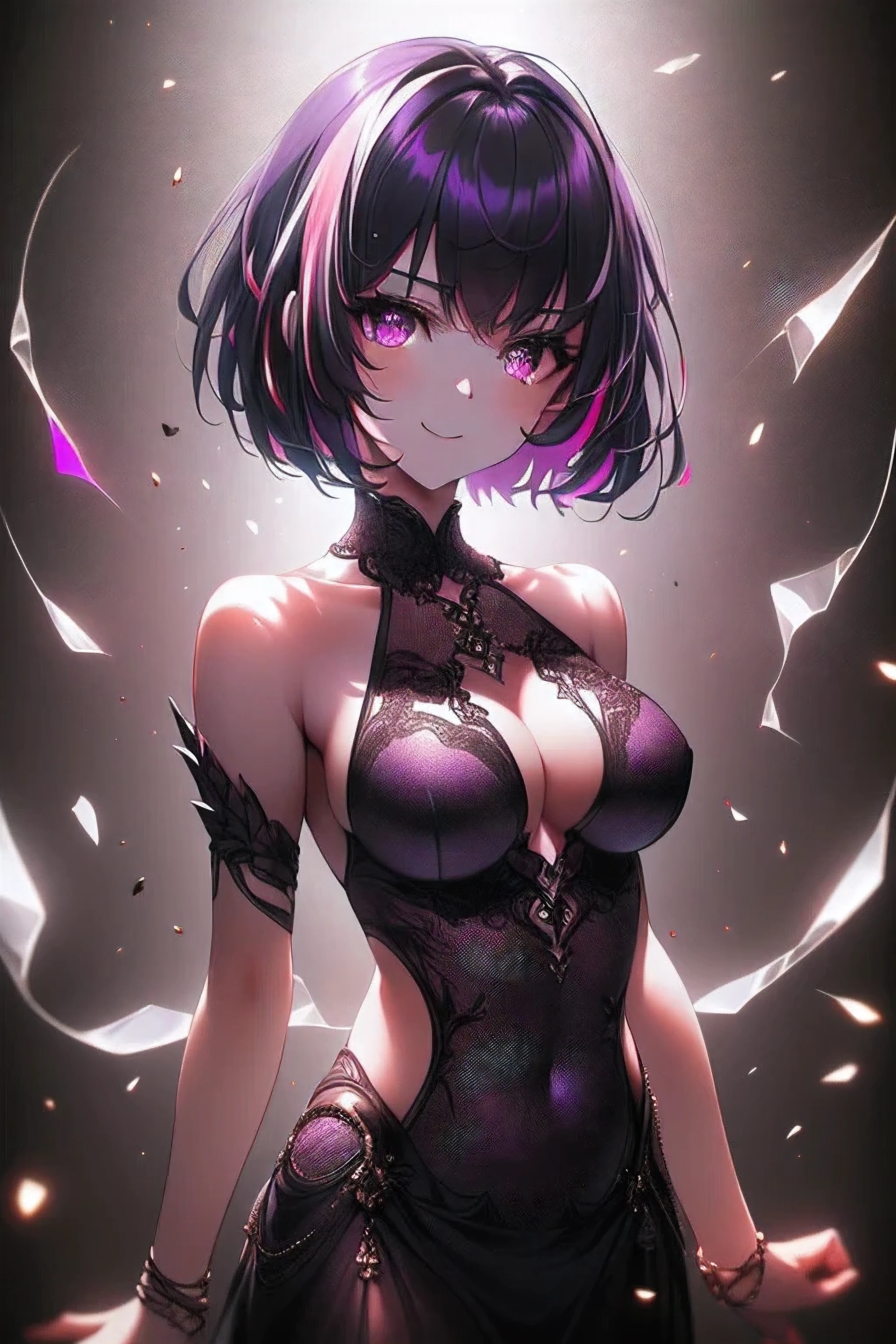 ((masterpiece,hight resolution,8K picture quality,top-quality)),1girl in,((extra detailed face)),femele,Delicate eyes,((Purple eyes)),((hairstyle on:buzzcut,A dark-haired,Hair that shines when it catches the light)),lensflare,Dramatic makeup,smiling elegantly,Natural complexion,large full breasts,Diffuse reflection of light((colourfull:1.5)),