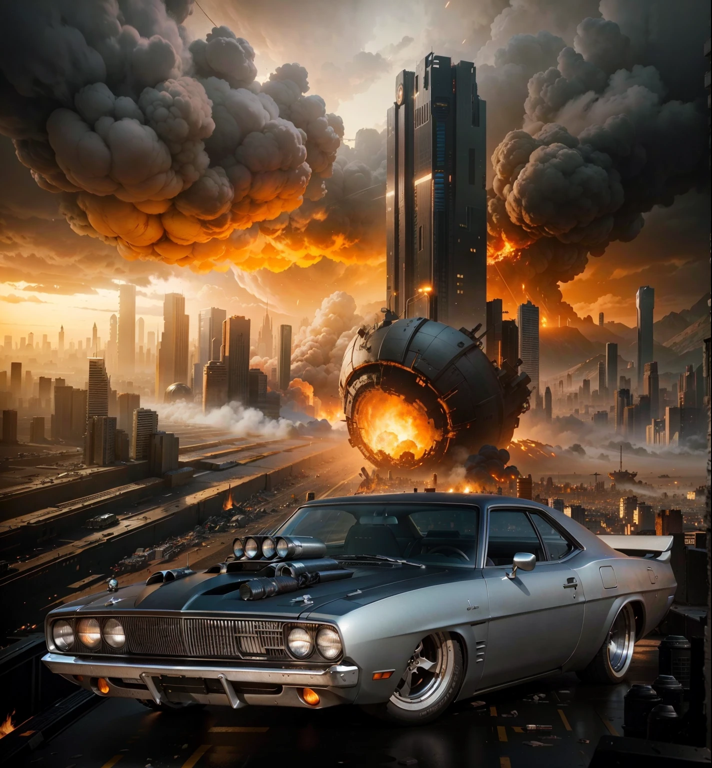 there is a muscle Dodge car that is parked in front of a city, apocalyptic city backround, 3 d render and matte painting, apocalyptic future city, burning city background, concept design art octane render, futuristic city backgrond, in fantasy sci - fi city, stuning fantasy 3 d render, apocalyptic city, skyscrapers and flying cars, concept art octane render