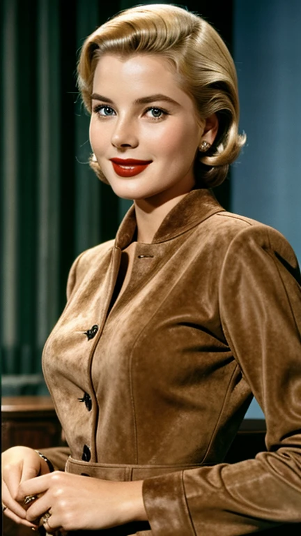 Grace Kelly dressed in sexy suede clothes with lipstick and smiling