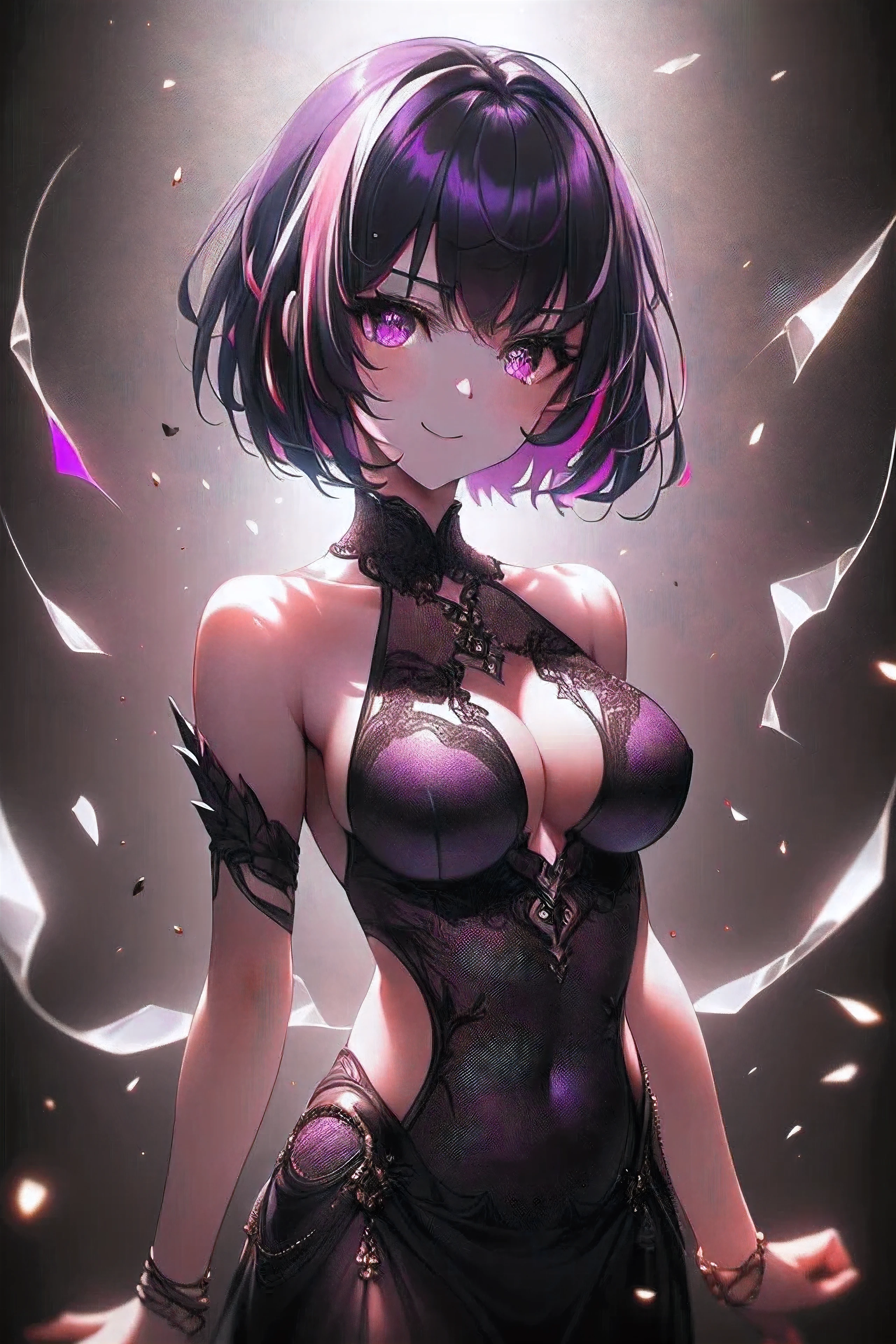 ((masterpiece,hight resolution,8K picture quality,top-quality)),1girl in,((extra detailed face)),femele,Delicate eyes,((Purple eyes)),((hairstyle on:buzzcut,A dark-haired,Hair that shines when it catches the light)),lensflare,Dramatic makeup,smiling elegantly,Natural complexion,large full breasts,Diffuse reflection of light((colourfull:1.5)),