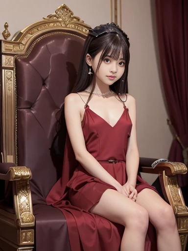 Japanese female, a lot of details, (underweight), detailed black hair, beautiful detailed hair, super beautiful, delicate beautiful face, complex details beautiful and delicate eyes, perfect hands, (flat chest best quality:1.5), perfect and delicate limbs, detailed skin, best quality, ultra-detailed,(cheerful grin:1.3), ((emperor)), party, htful, sit on the throne, semi long, (reddish brown evening gown), african, in the house, dark atmosphere, dark fantasy, low angle shot, bloom